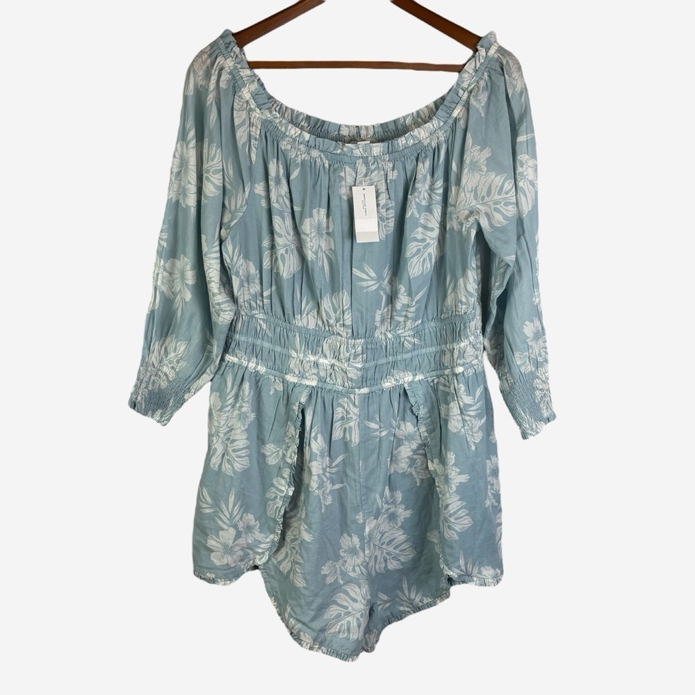 American Eagle Smocked Floral Romper Size XL Pockets 3/4 Sleeve Blue NEW